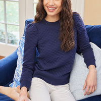 Navy Quilted Puff Sleeve Sweatshirt