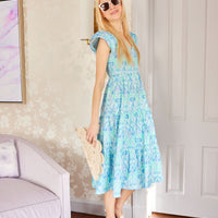 Scroll Ikat V-Neck Smocked Midi Dress