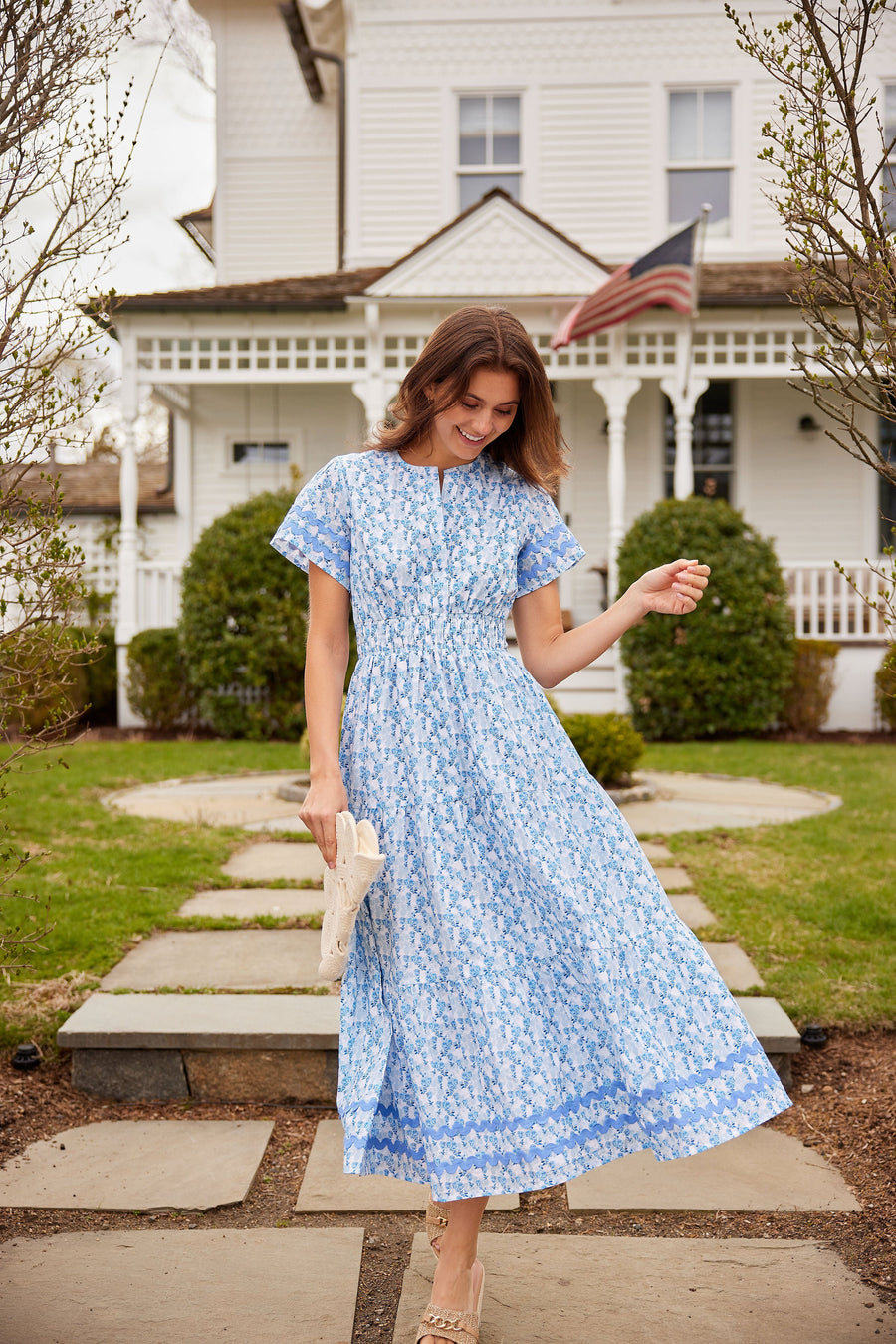 Ditsy Floral Cinched Waist Midi Dress with Ric-Rac