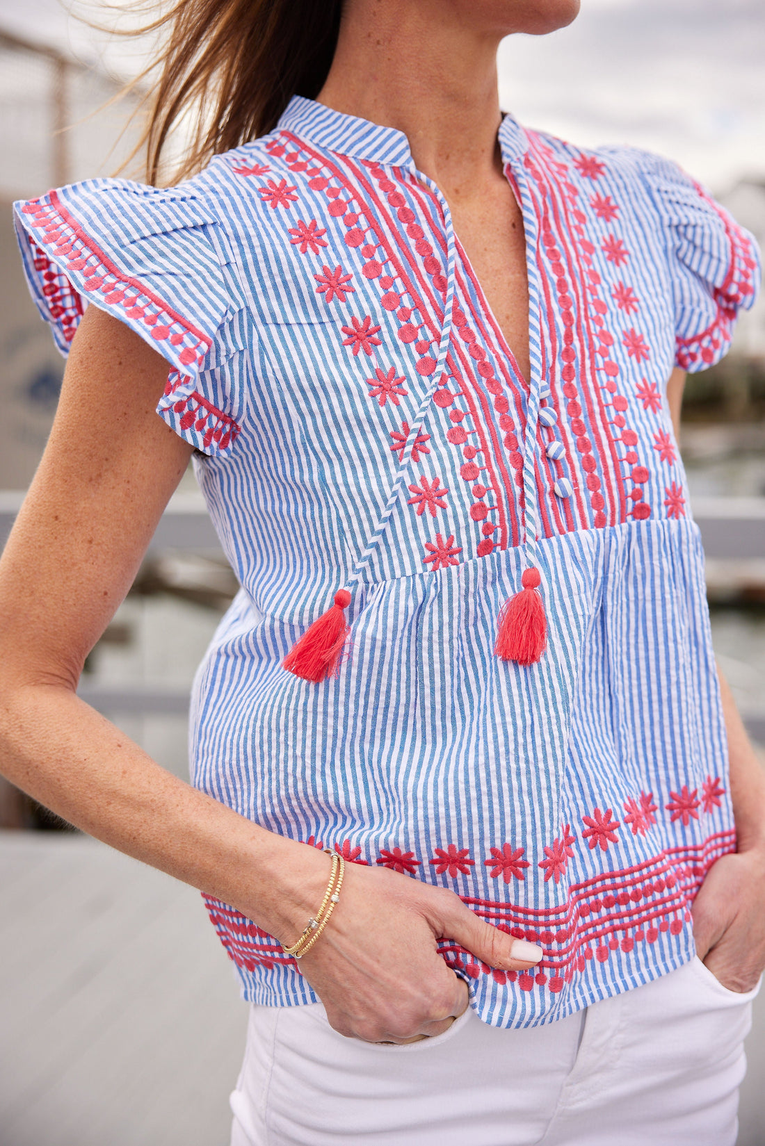 Blue & White Stripe Ruffle Front Top with Tassels