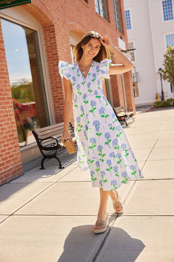 Hydrangea Block Print V-Neck Smocked Midi Dress