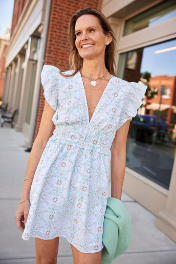 Cabbage & White Eyelet V-Neck Flutter Sleeve Mini Dress