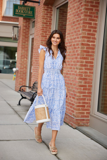 Hydrangea Tropical Block Print Smocked Waist Midi Dress