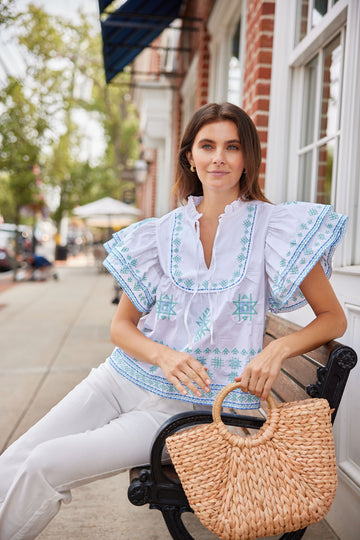Blue Embroidered Flutter Sleeve Top
