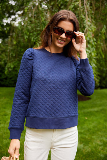 Navy Cropped Puff Sleeve Sweatshirt