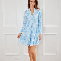 Blue Dot Matrix Long Sleeve Tunic Flare Dress