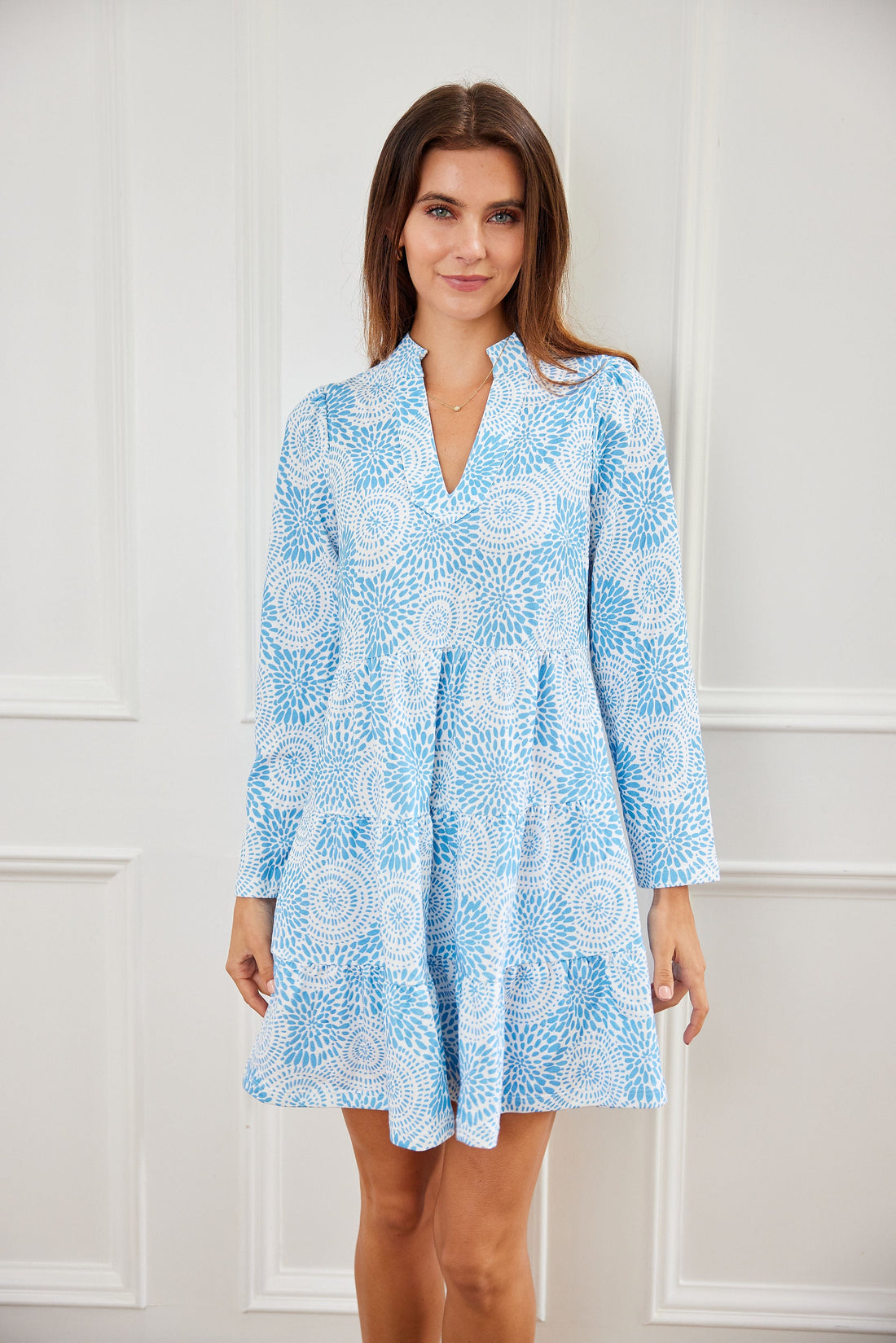 Blue Dot Matrix Long Sleeve Tunic Flare Dress