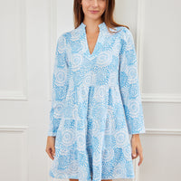 Blue Dot Matrix Long Sleeve Tunic Flare Dress