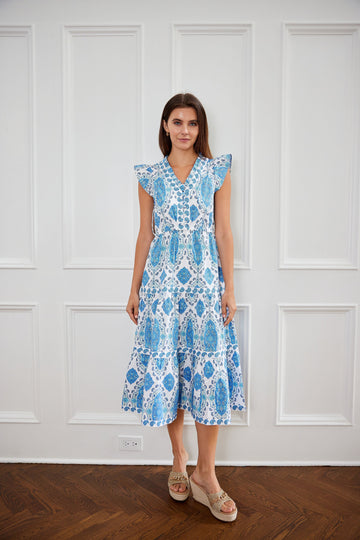 Paisley Park Print Cinched Waist Flutter Midi Dress