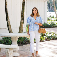 Blue Medallion Ruffle Sleeve Top