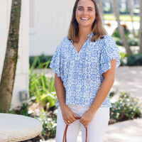 Blue Medallion Ruffle Sleeve Top