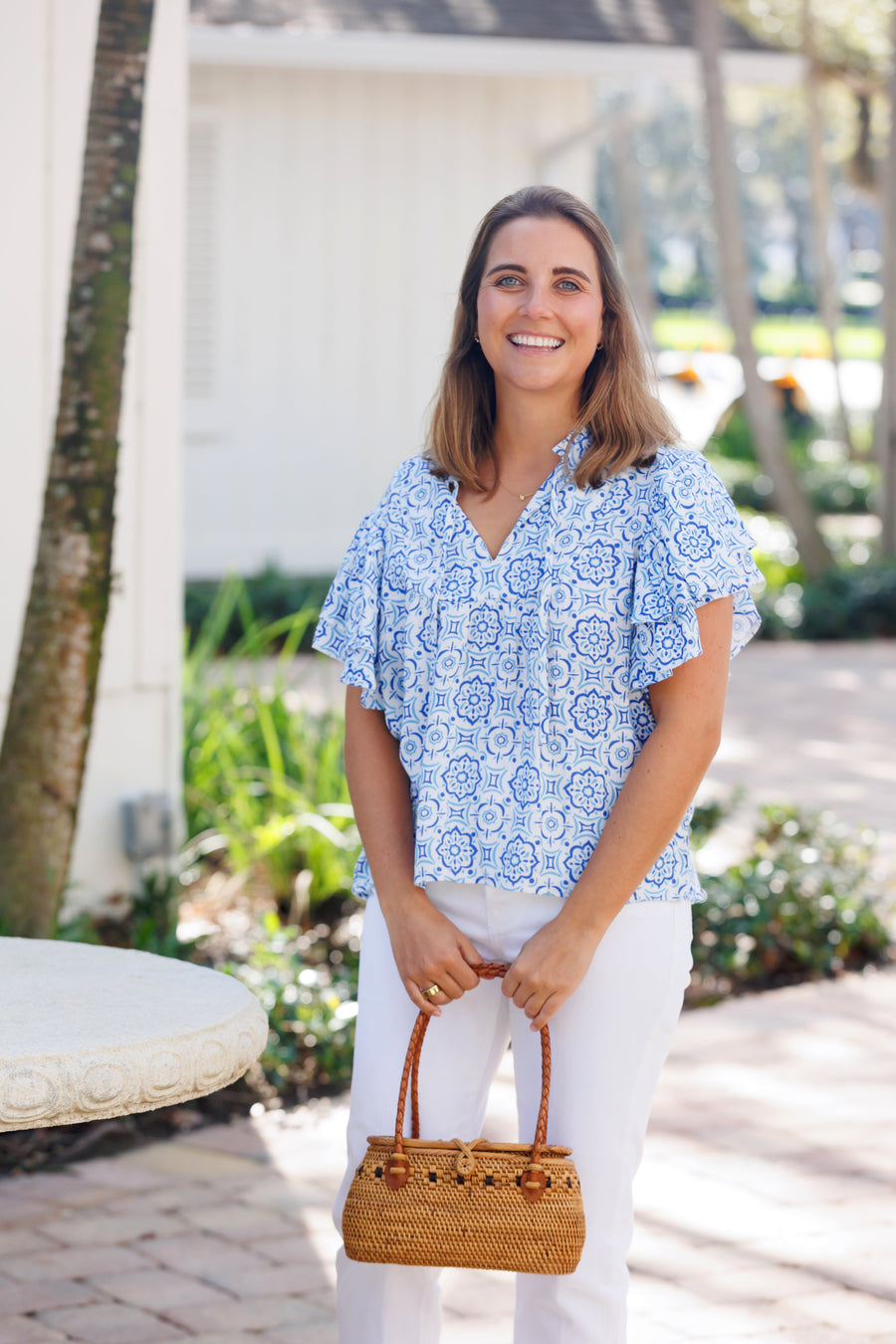 Blue Medallion Ruffle Sleeve Top