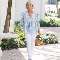 Falling Violets Ruffle Front Top with Tassels