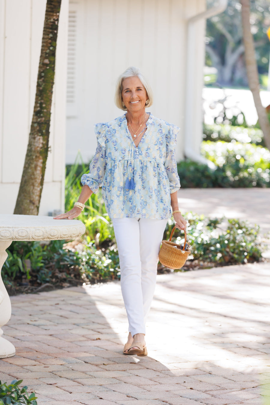 Falling Violets Ruffle Front Top with Tassels