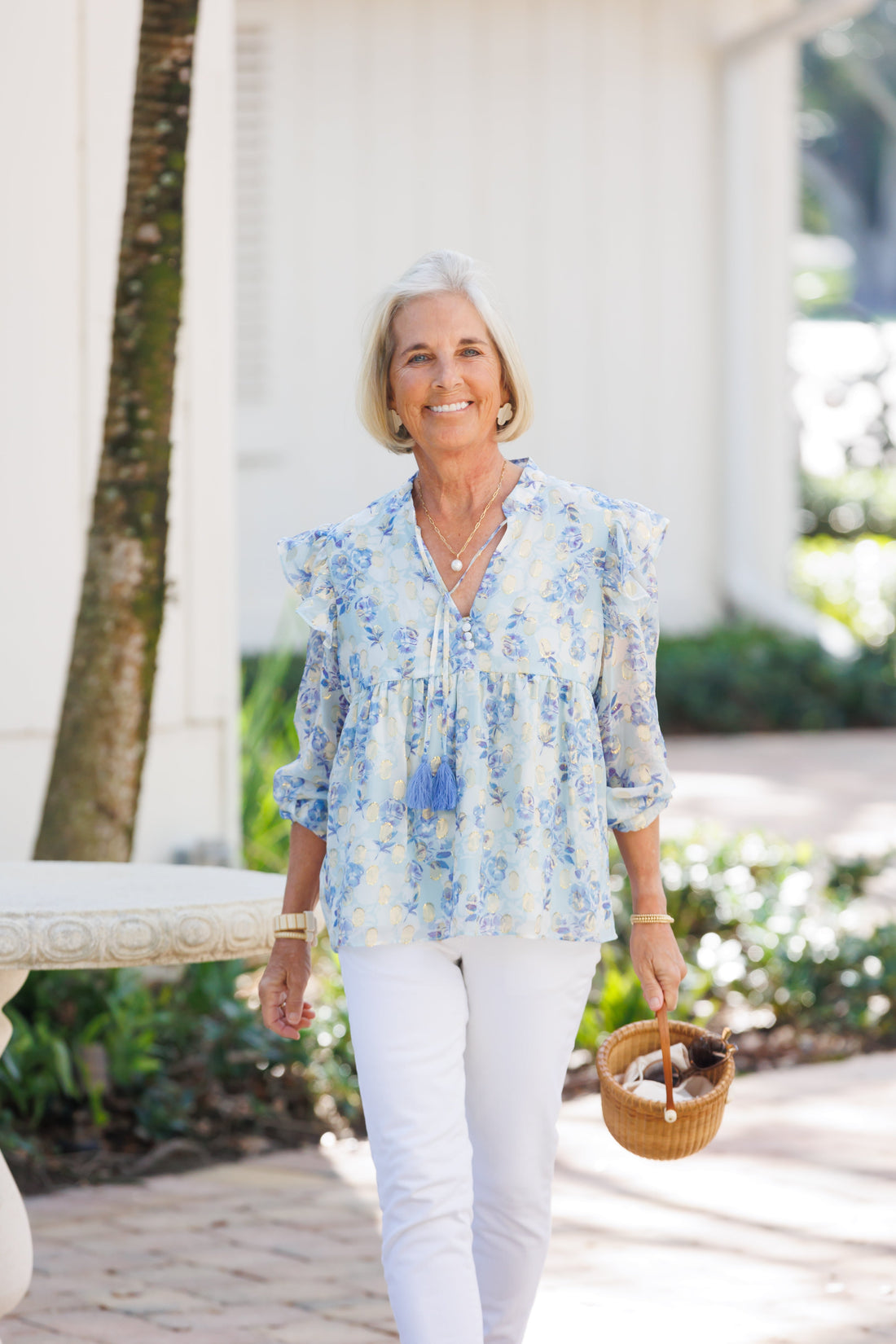 Falling Violets Ruffle Front Top with Tassels