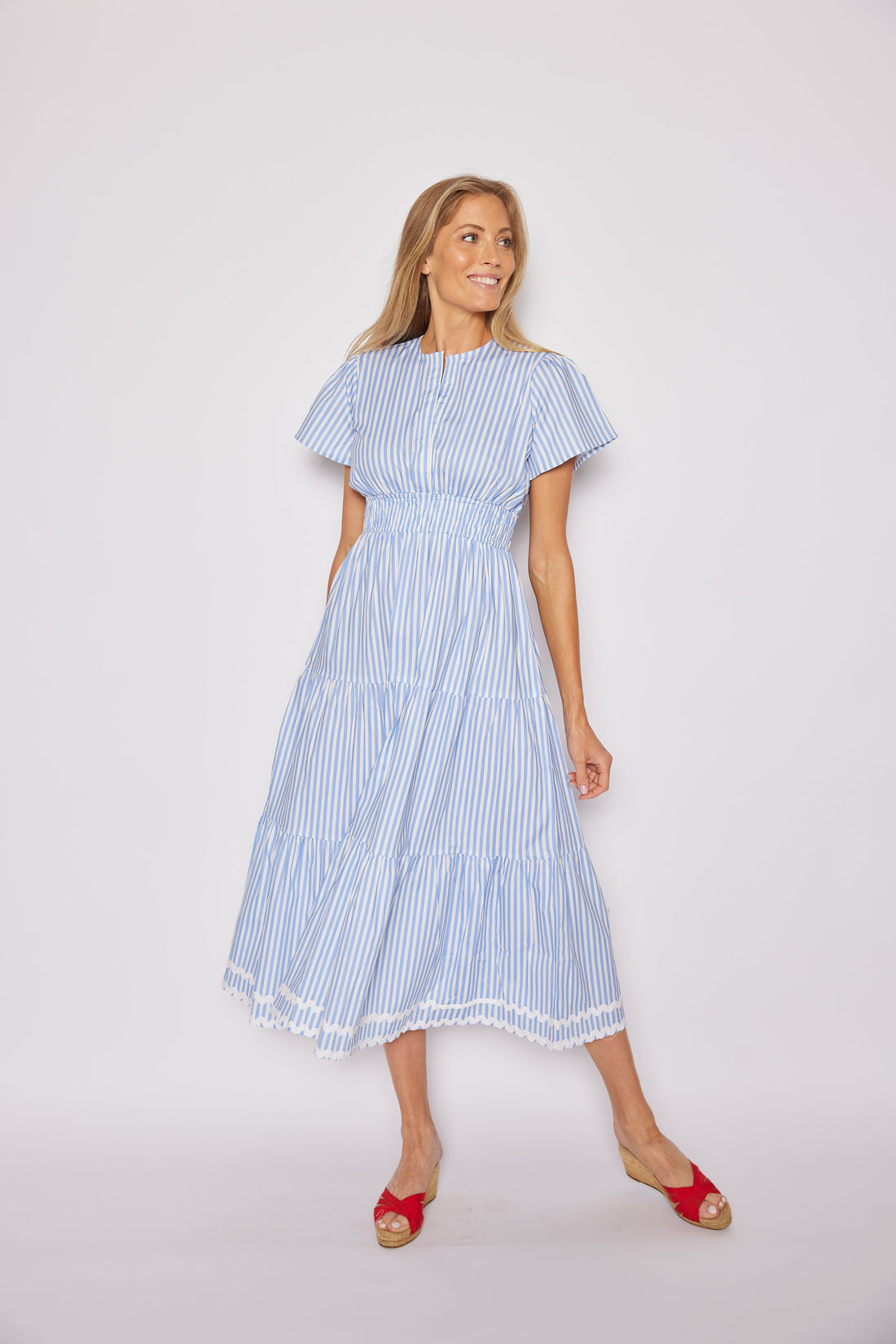 Blue & White Stripe Cinched Waist Midi Dress