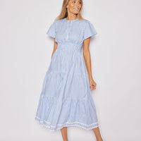 Blue & White Stripe Cinched Waist Midi Dress