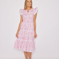 Pink Baroque Floral Flutter Sleeve Ric-Rac Midi Dress