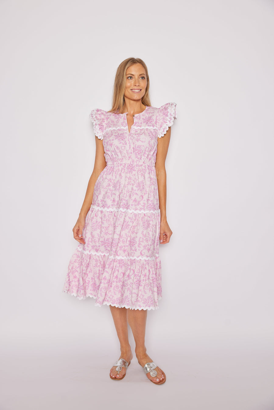 Pink Baroque Floral Flutter Sleeve Ric-Rac Midi Dress