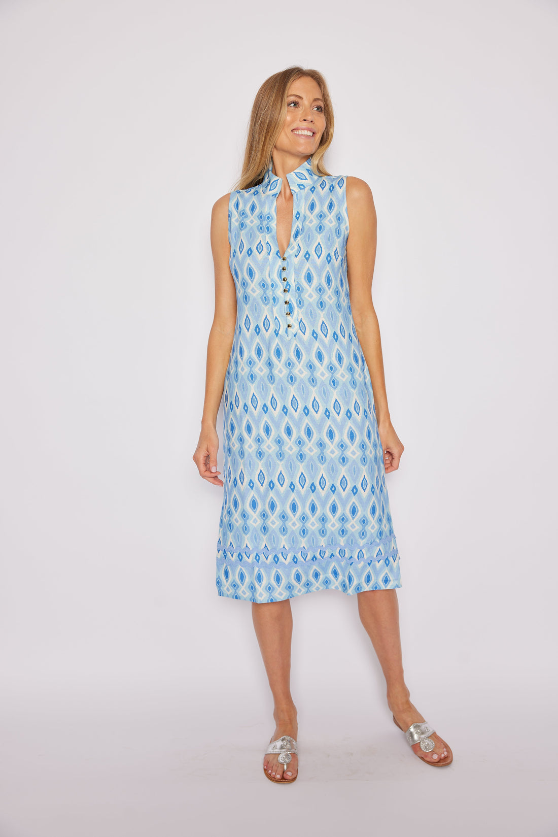 Blue Ikat Sleeveless Button Front Midi Tunic