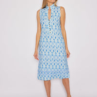 Blue Ikat Sleeveless Button Front Midi Tunic