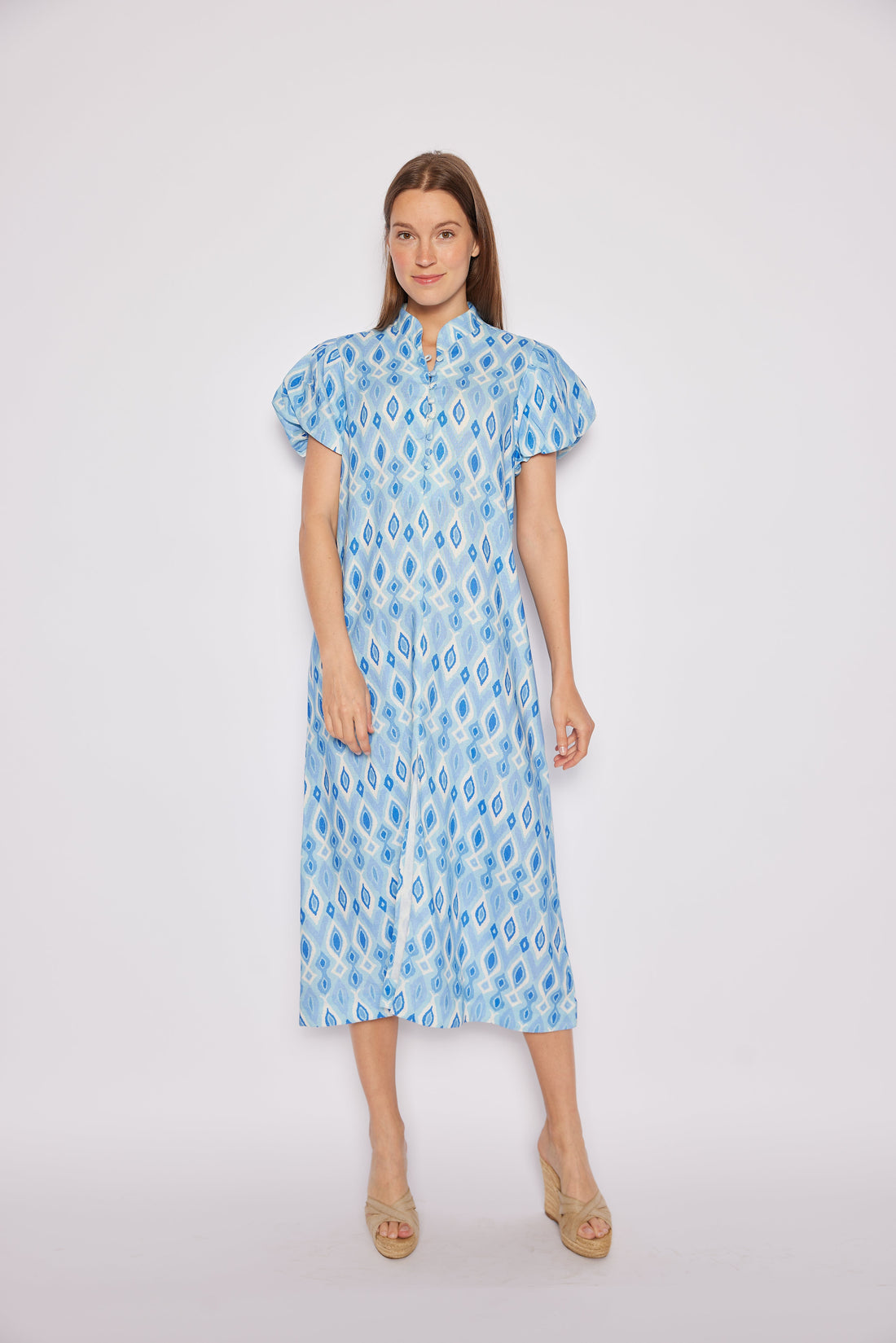 Blue Ikat Puff Sleeve Button Front Midi