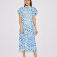 Blue Ikat Puff Sleeve Button Front Midi