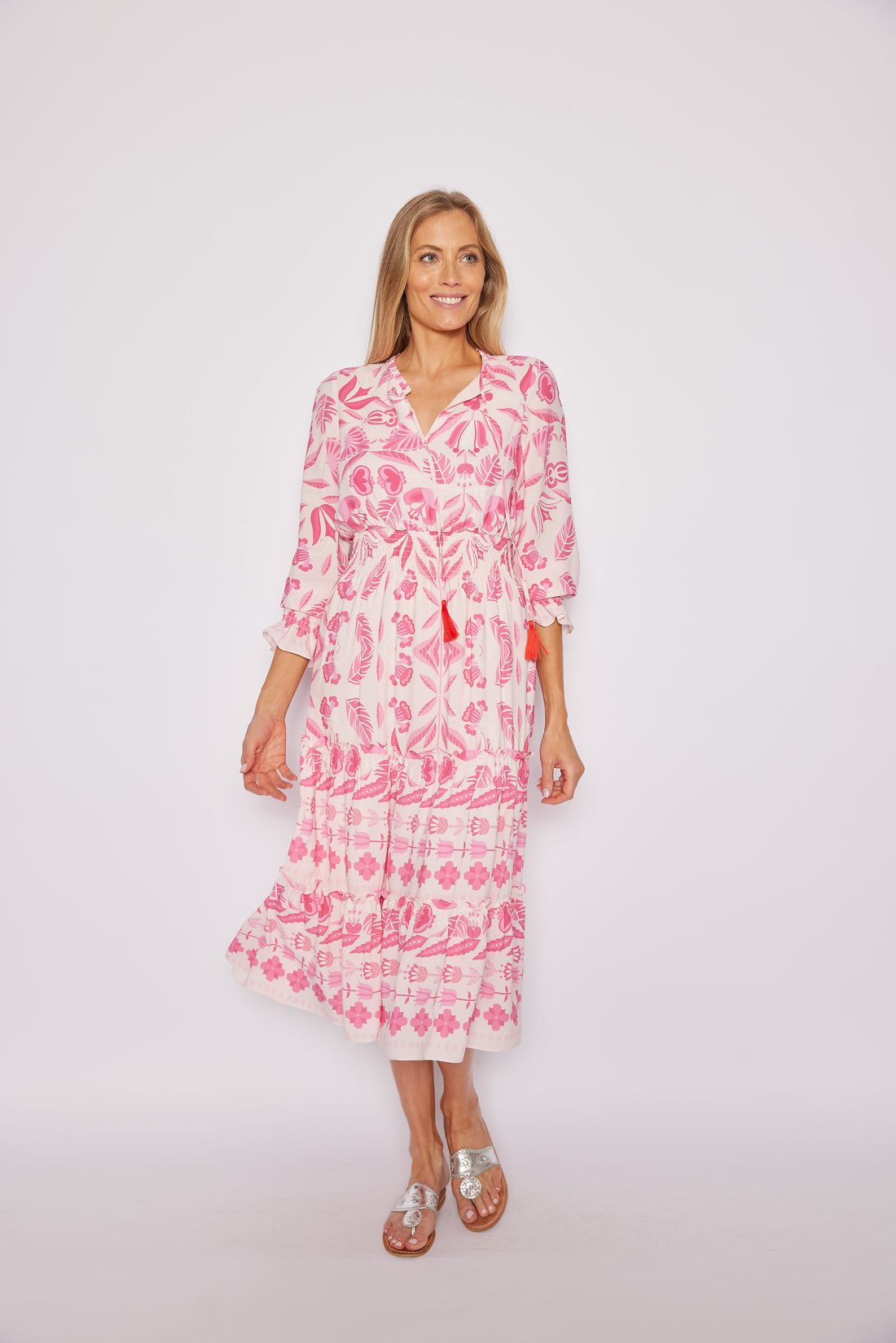 Blush Geo Floral Long Sleeve Smocked Waist Midi Dress