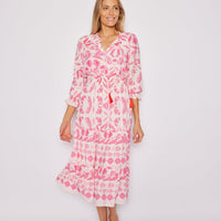 Blush Geo Floral Long Sleeve Smocked Waist Midi Dress