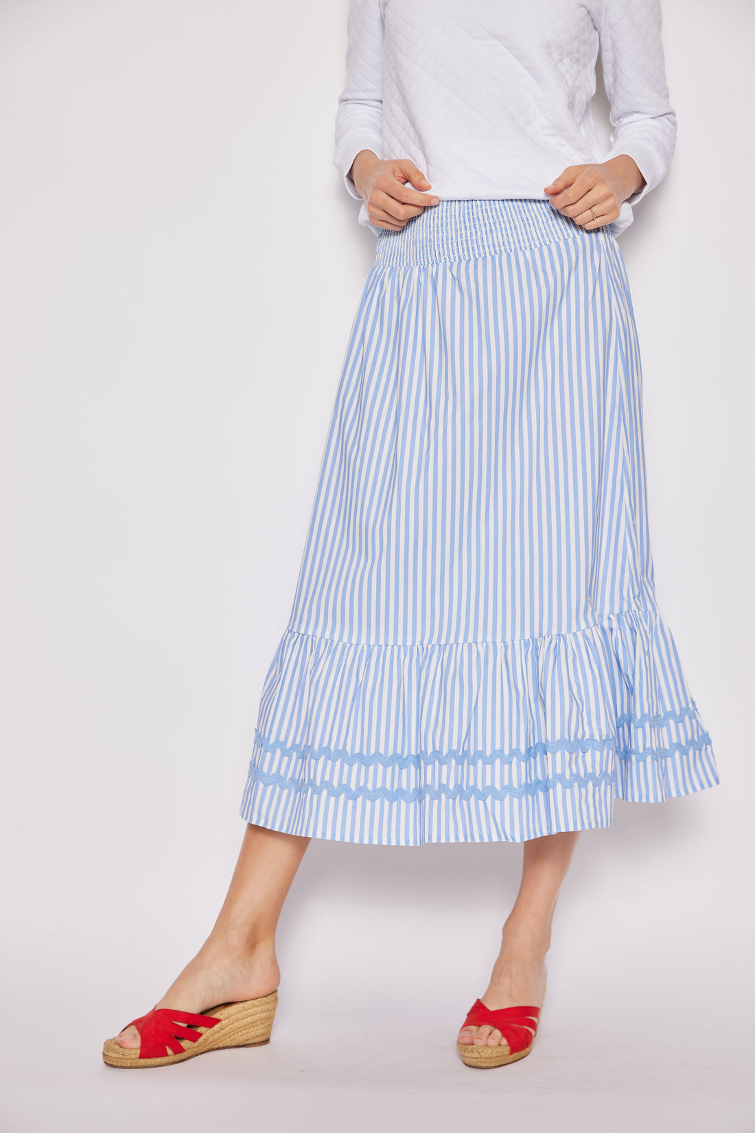 Blue & White Stripe Smocked Waist Midi Skirt