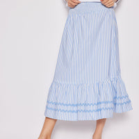 Blue & White Stripe Smocked Waist Midi Skirt