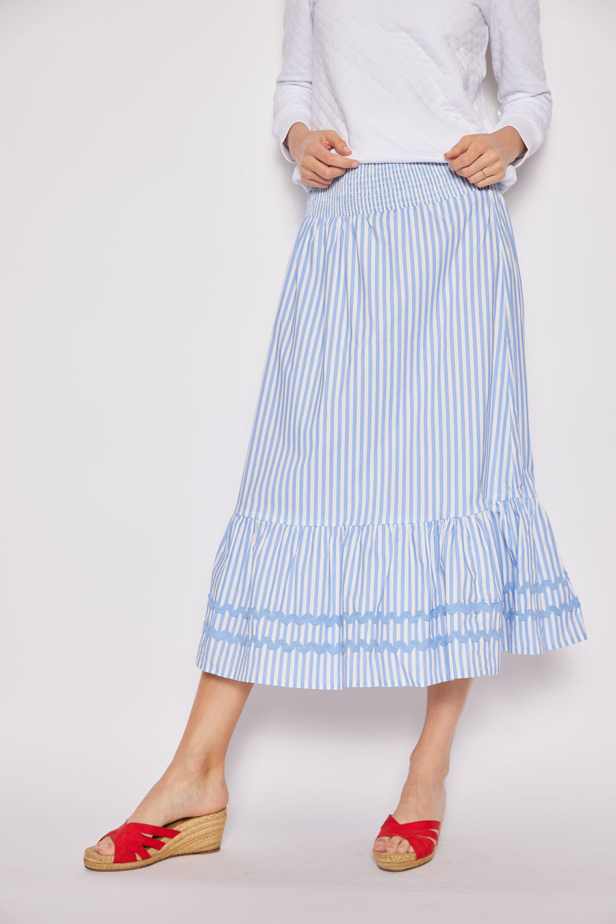 Blue & White Stripe Smocked Waist Midi Skirt