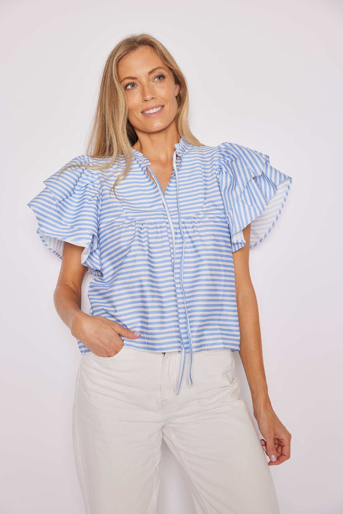 Blue & White Stripe Ruffle Sleeve Top