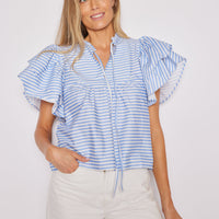 Blue & White Stripe Ruffle Sleeve Top