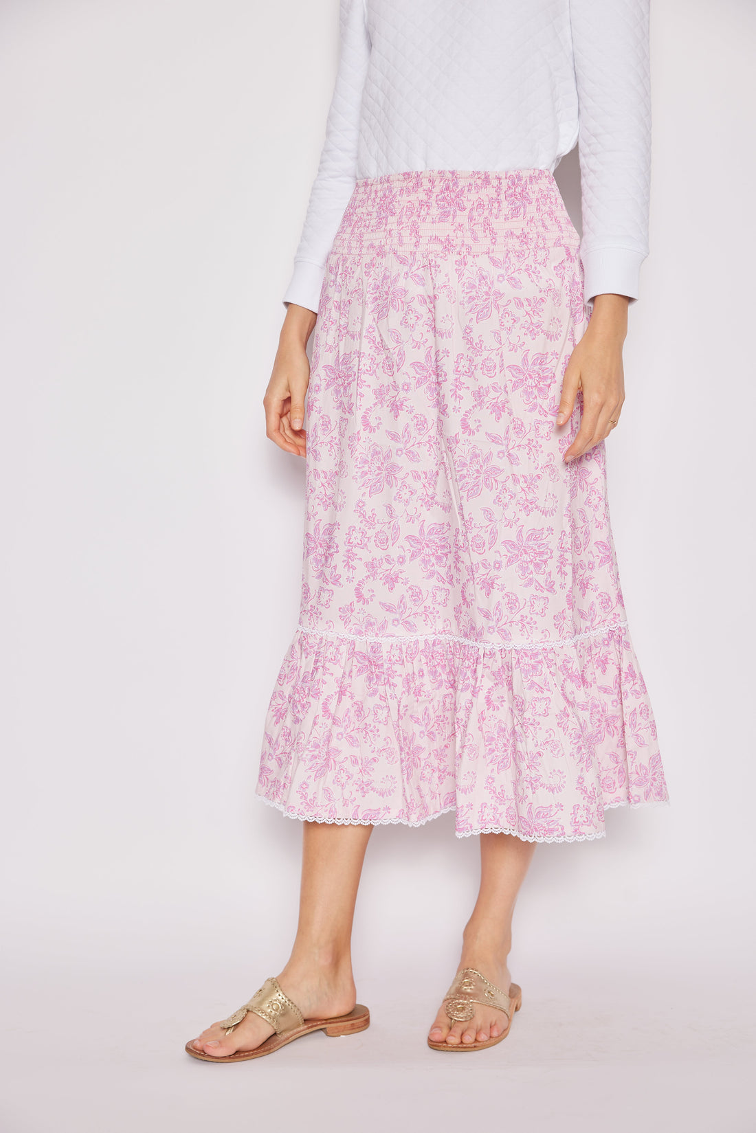 Pink Baroque Floral Smocked Waist Midi Skirt