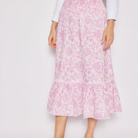 Pink Baroque Floral Smocked Waist Midi Skirt