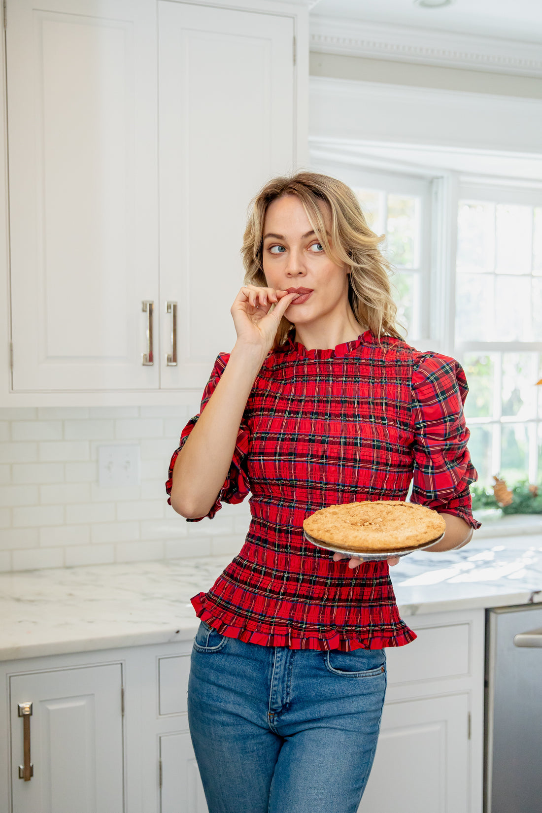 Red Plaid Long Sleeve Smocked Top