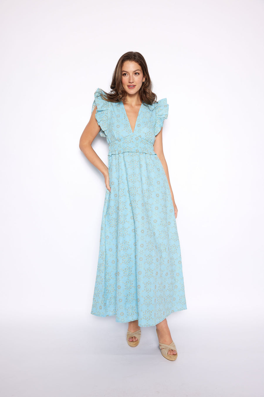 Baltic Sea Eyelet V-Neck Flutter Sleeve Maxi Dress