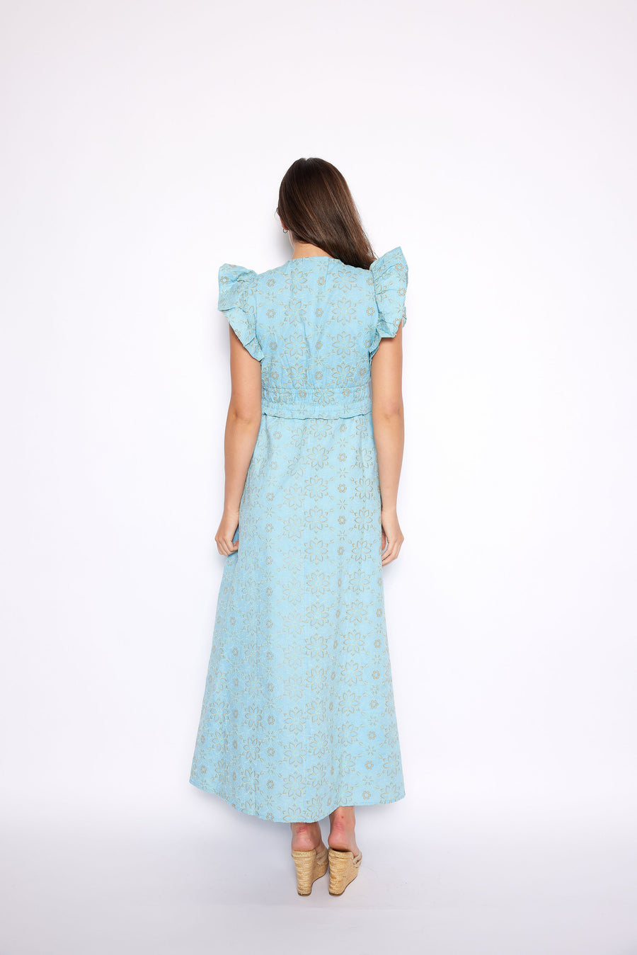 Baltic Sea Eyelet V-Neck Flutter Sleeve Maxi Dress