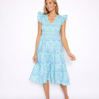 Scroll Ikat V-Neck Smocked Midi Dress