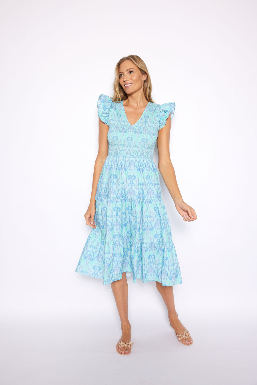 Scroll Ikat V-Neck Smocked Midi Dress