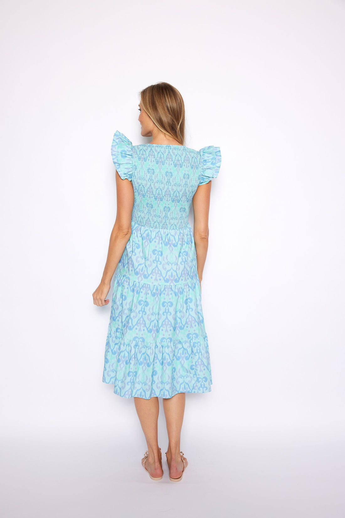 Scroll Ikat V-Neck Smocked Midi Dress