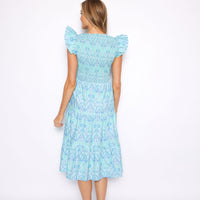 Scroll Ikat V-Neck Smocked Midi Dress