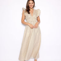 Gold V-Neck Flutter Sleeve Maxi Dress