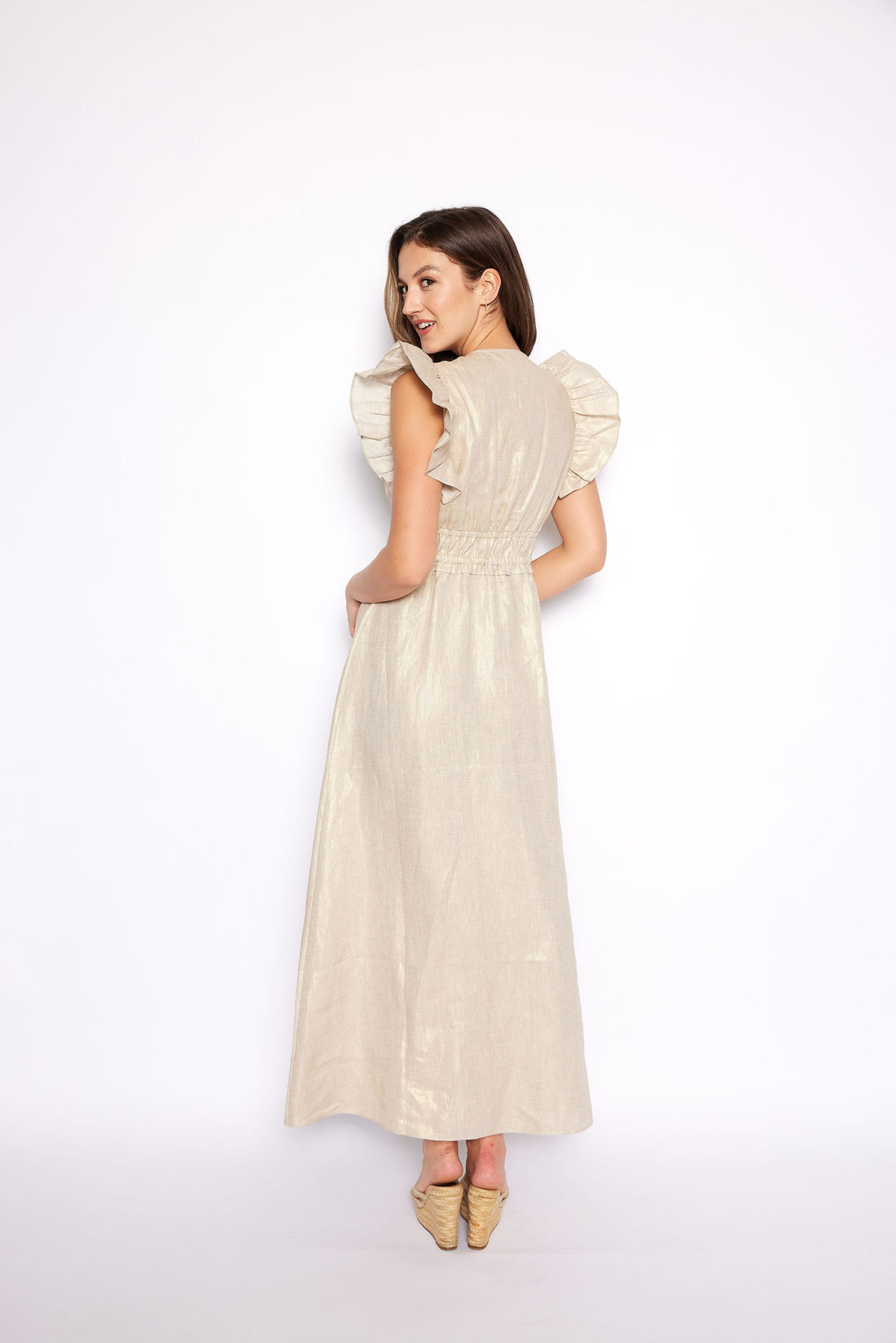 Gold V-Neck Flutter Sleeve Maxi Dress