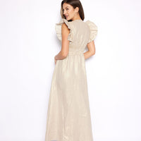 Gold V-Neck Flutter Sleeve Maxi Dress