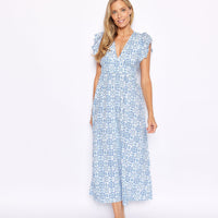 Blue Medallion V-Neck Flutter Sleeve Maxi Dress