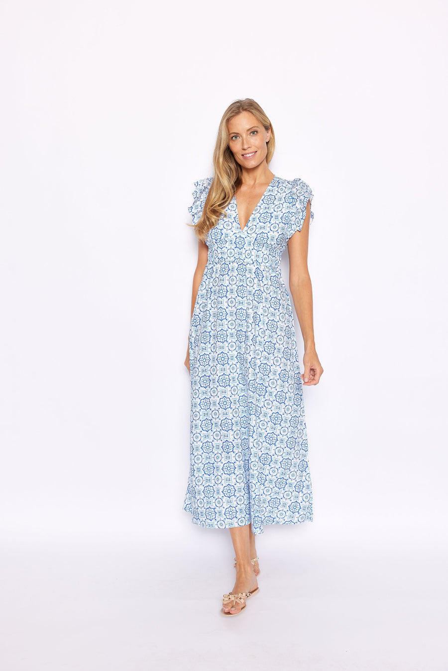 Blue Medallion V-Neck Flutter Sleeve Maxi Dress