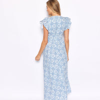 Blue Medallion V-Neck Flutter Sleeve Maxi Dress