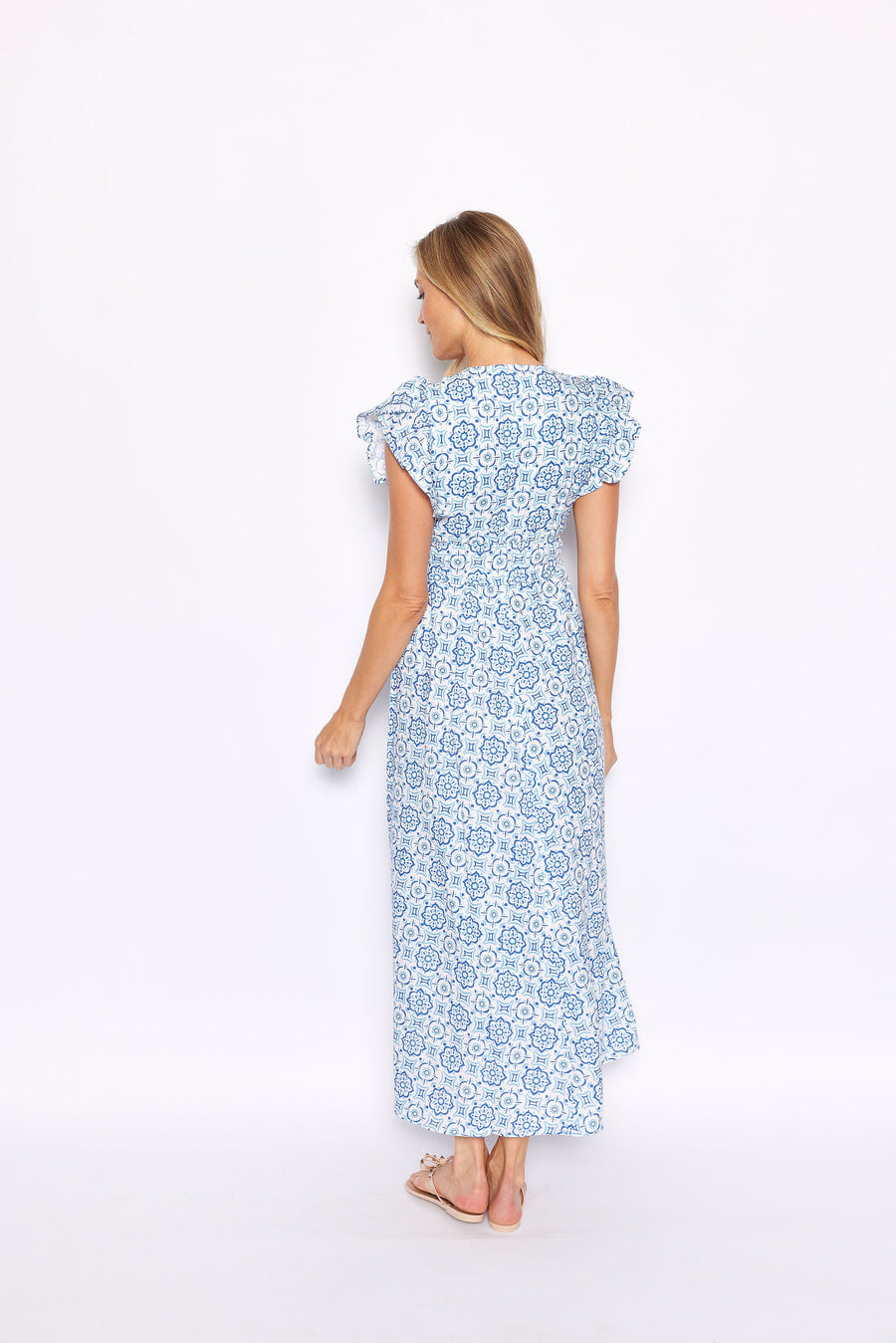 Blue Medallion V-Neck Flutter Sleeve Maxi Dress